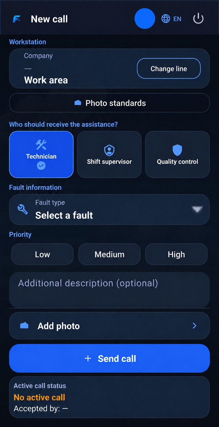FactoryCall Android operator screen for creating an operational call in English