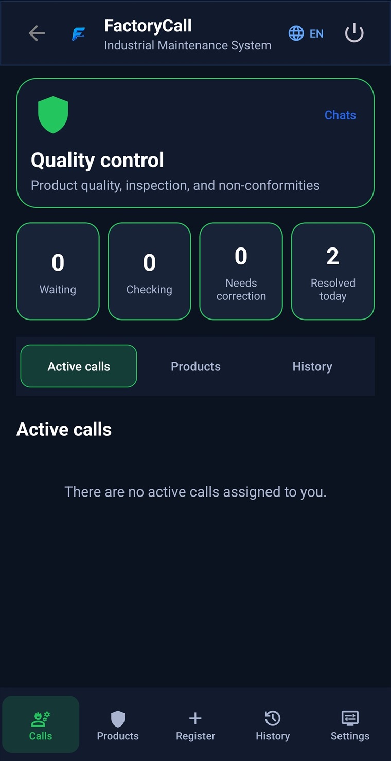 FactoryCall Android Quality control active calls screen in English