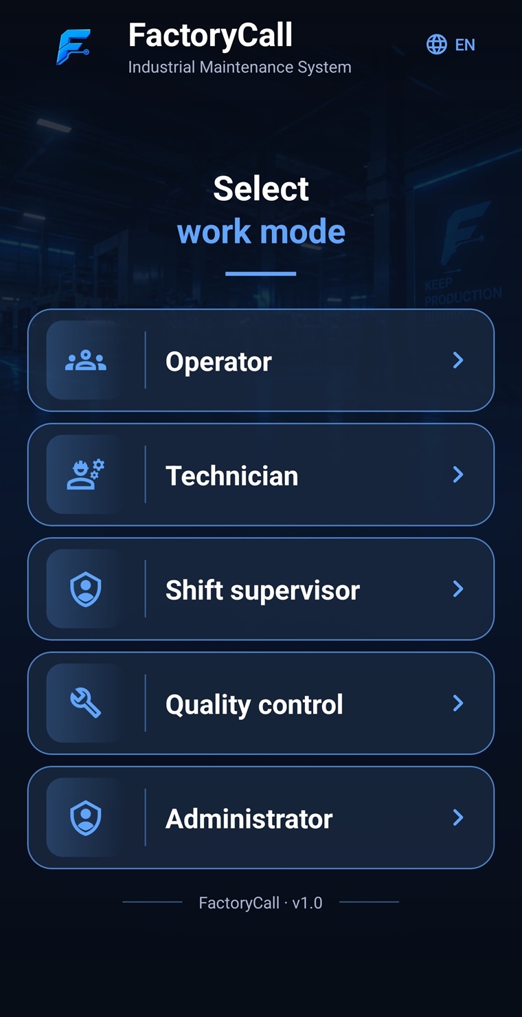 FactoryCall Android role selection screen in English