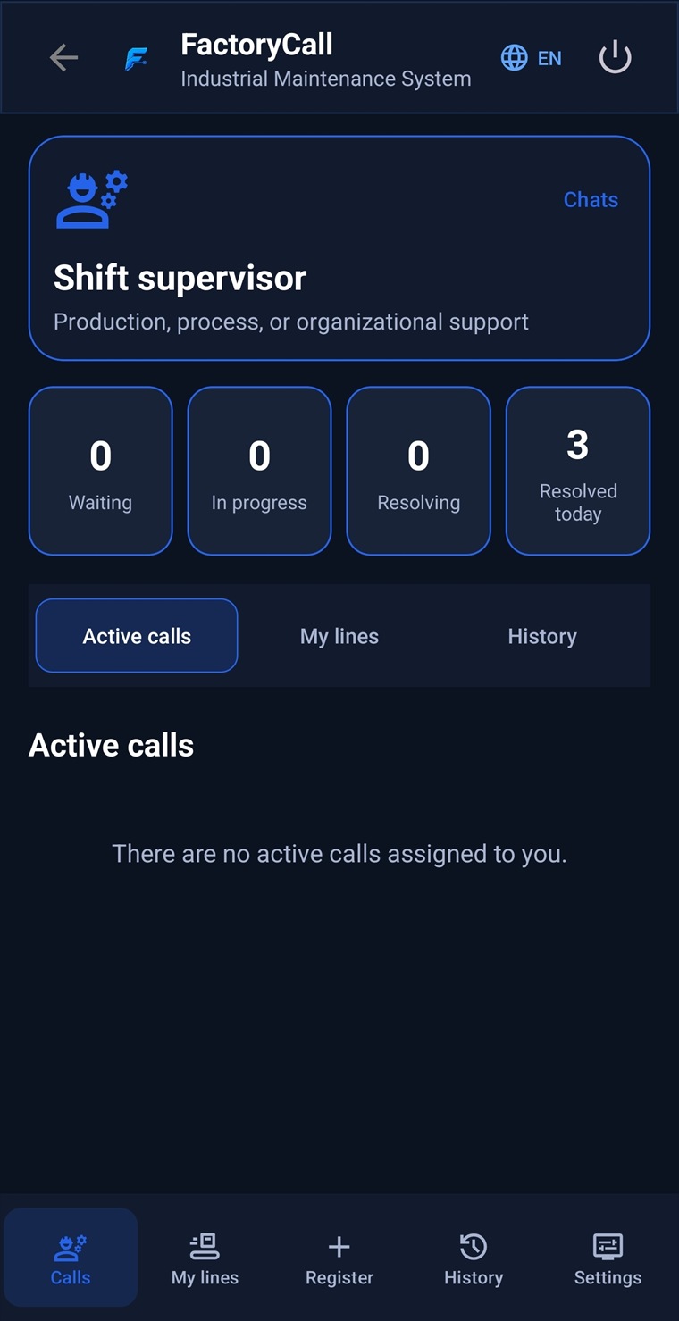 FactoryCall Android Shift supervisor active calls screen in English
