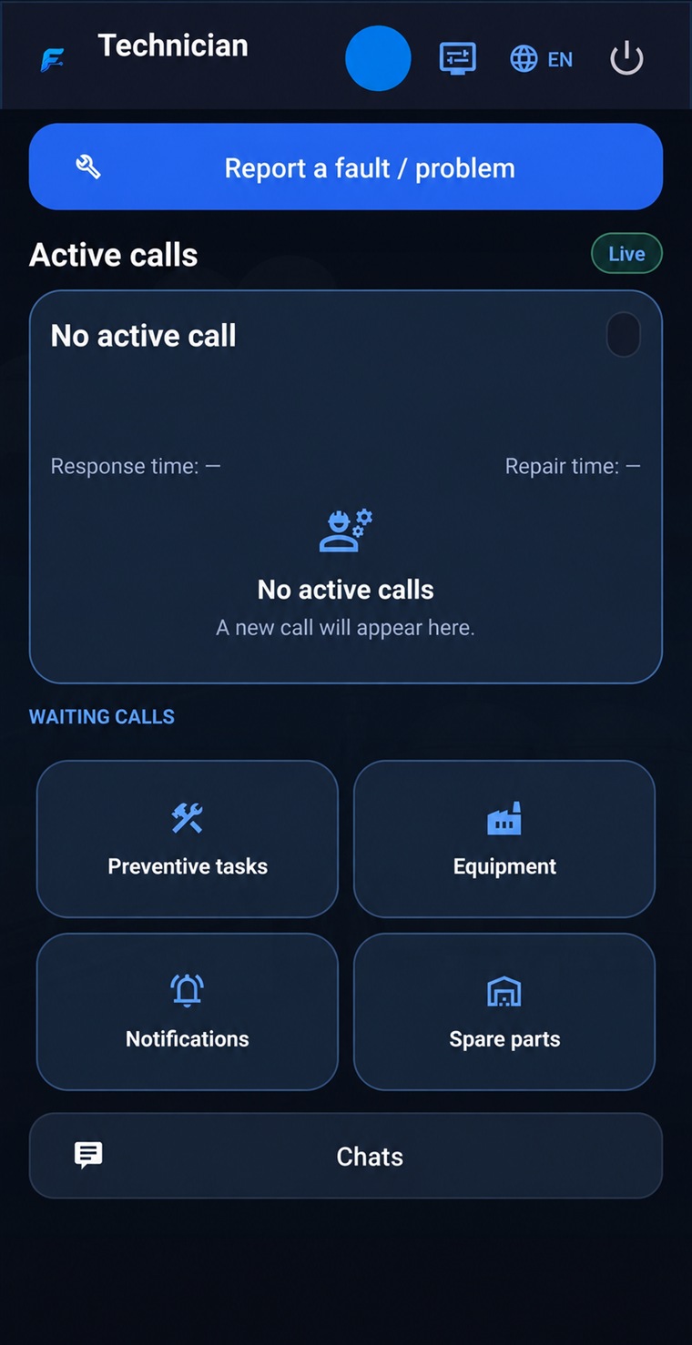 FactoryCall Android Technician active calls screen in English